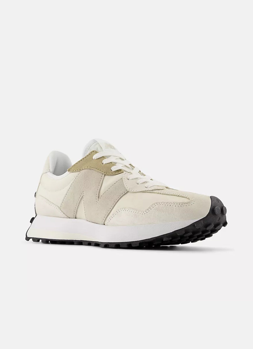New Balance Women's 327 Sneaker in Linen/Sea Salt Angled Side View