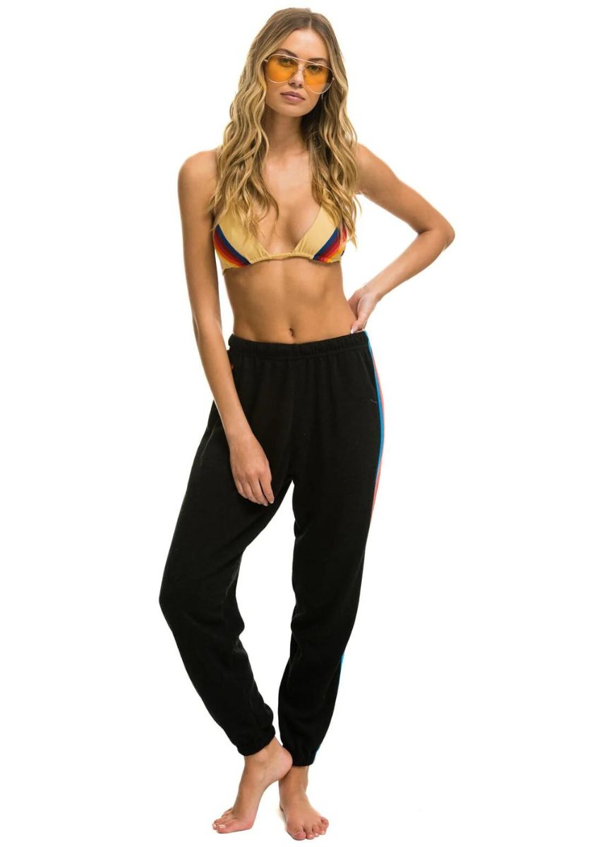Aviator Nation 5 Stripe Women’s Sweatpants in Black with Neon Rainbow Stripes Full Front View