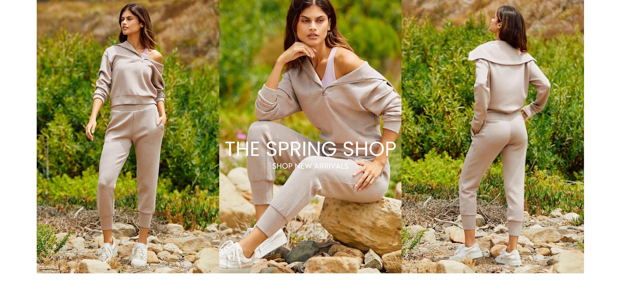 The Spring Shop New Arrivals Featuring a Collage of Model Wearing the Varley Hawley Half-Zip Sweat and Slim Cuff Pant in Taupe Marl
