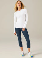 Beyond Yoga Featherweight Classic Crew Pullover in White Full Length Front View