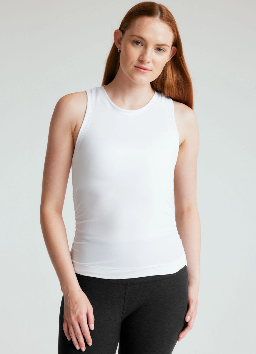 Beyond Yoga Featherweight Your Fit Shirred Tank in White Front View