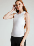 Beyond Yoga Featherweight Your Fit Shirred Tank in White Angled Side and Front View