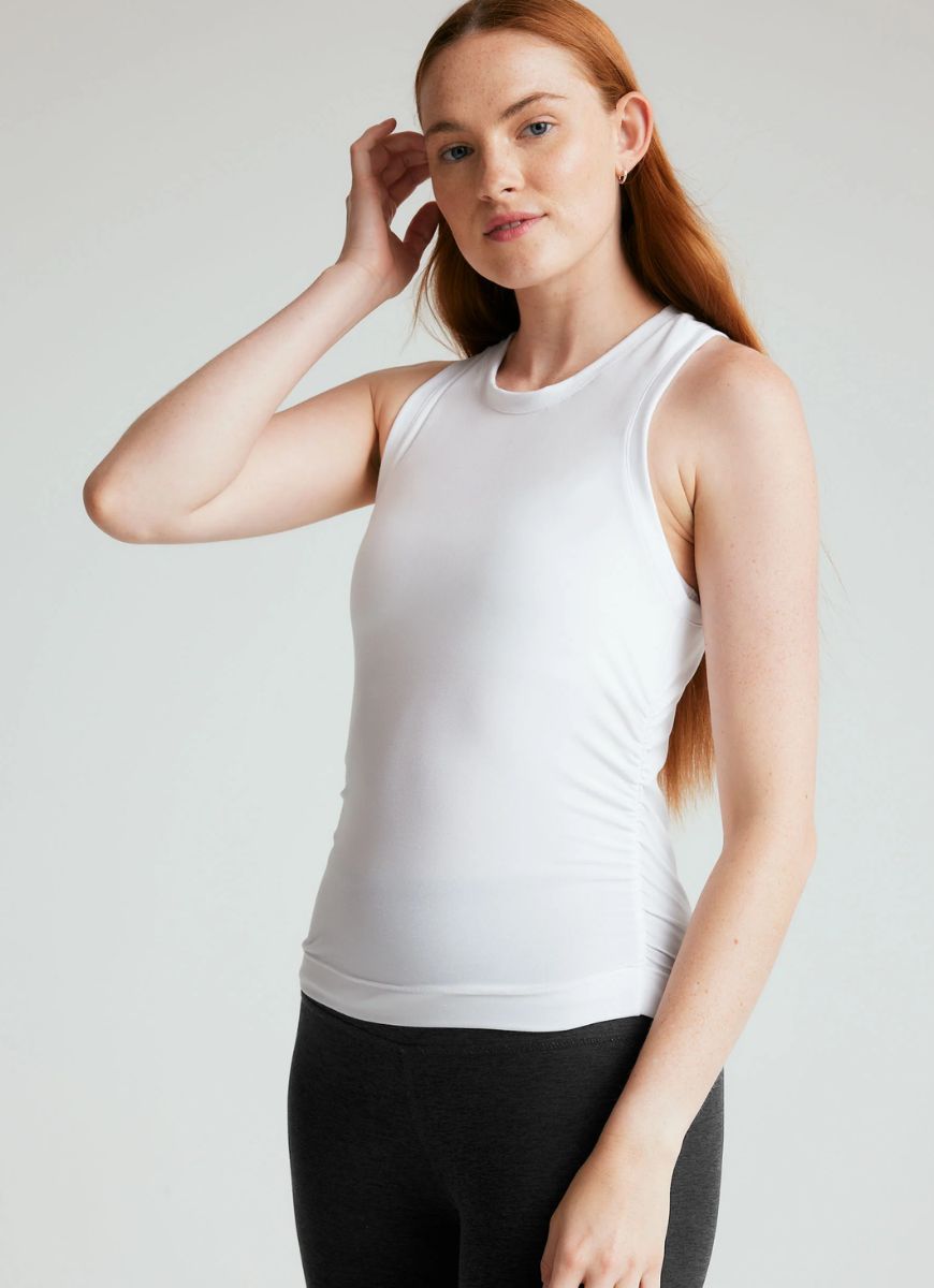 Beyond Yoga Featherweight Your Fit Shirred Tank in White Angled Side and Front View