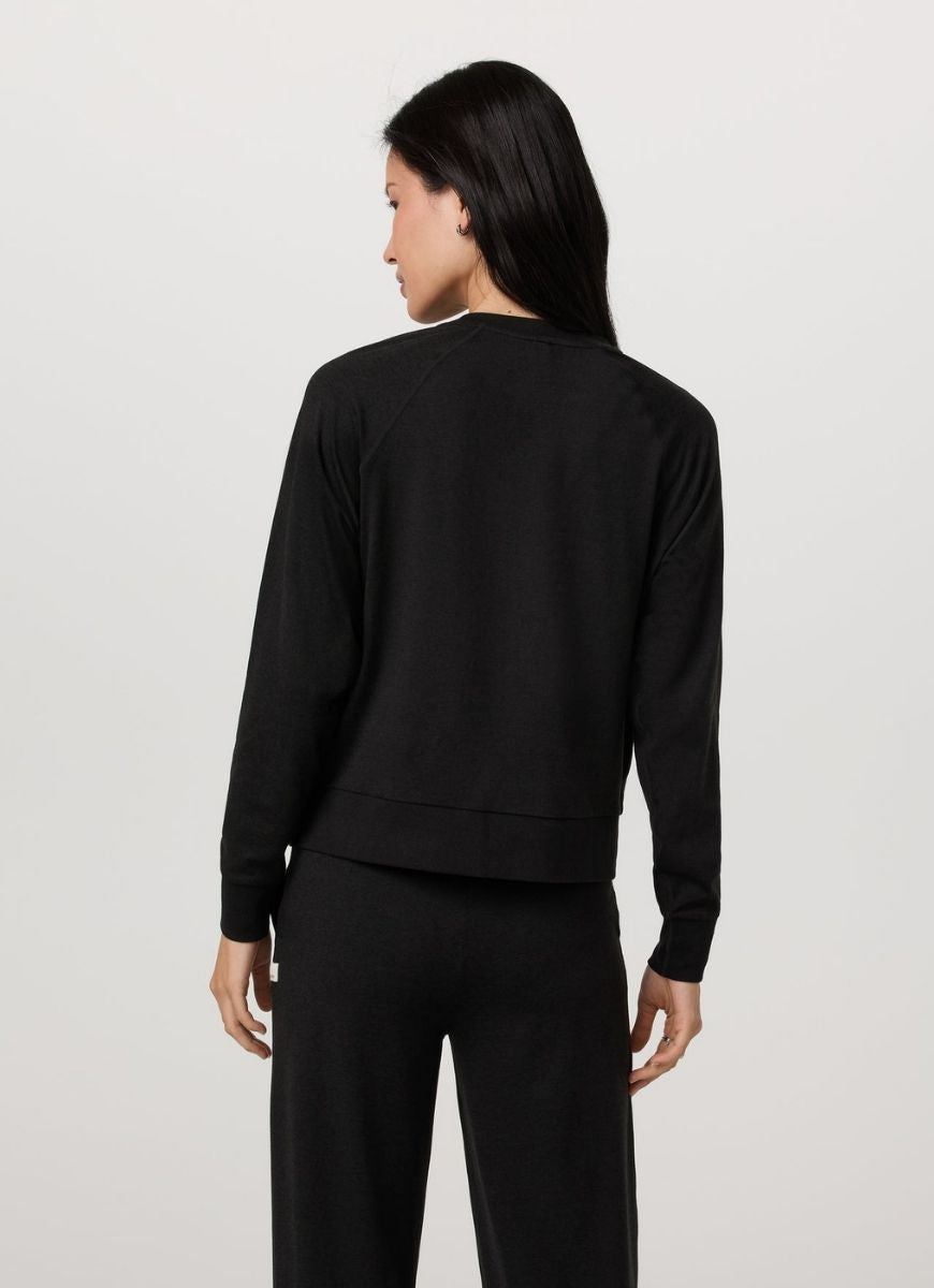 Vuori Women's Long Sleeve Halo Crew in Heather Black Back View