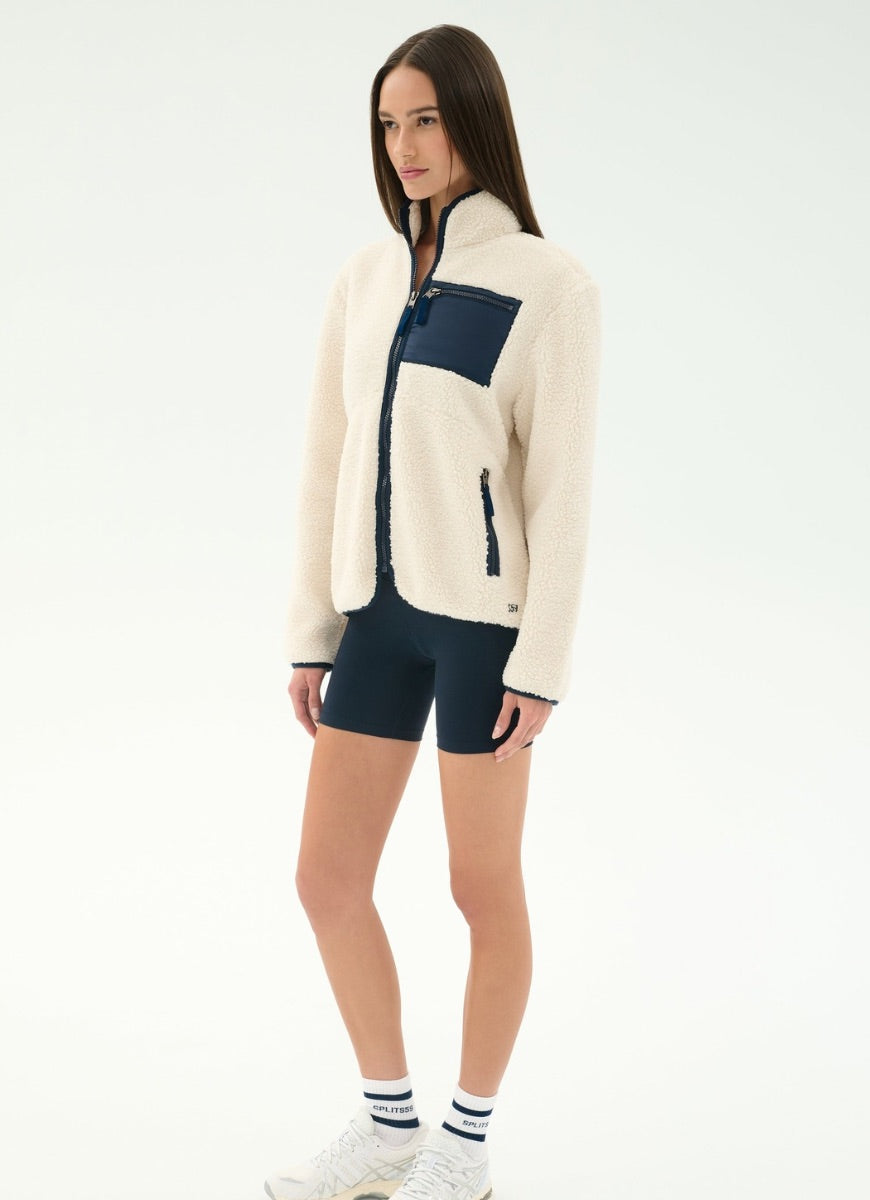 Splits59 Harris Sherpa Jacket in Creme/Indigo Full Length Side View