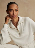 Varley Hawley Half Zip Sweat in Ivory Marl Model Posing With Hand on Her Face
