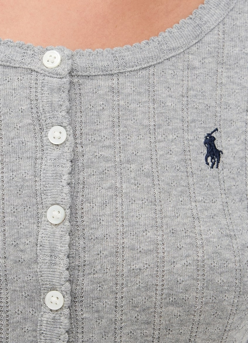 Polo Ralph Lauren Henley Wide Leg Sleep Set in Heather Grey Close Up Front View Showing Polo Logo