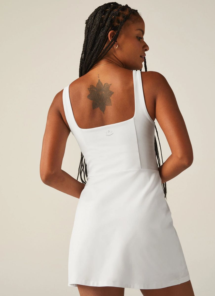 Beyond Yoga Spacedye Court Appeal Mini Tennis Dress in White Back View