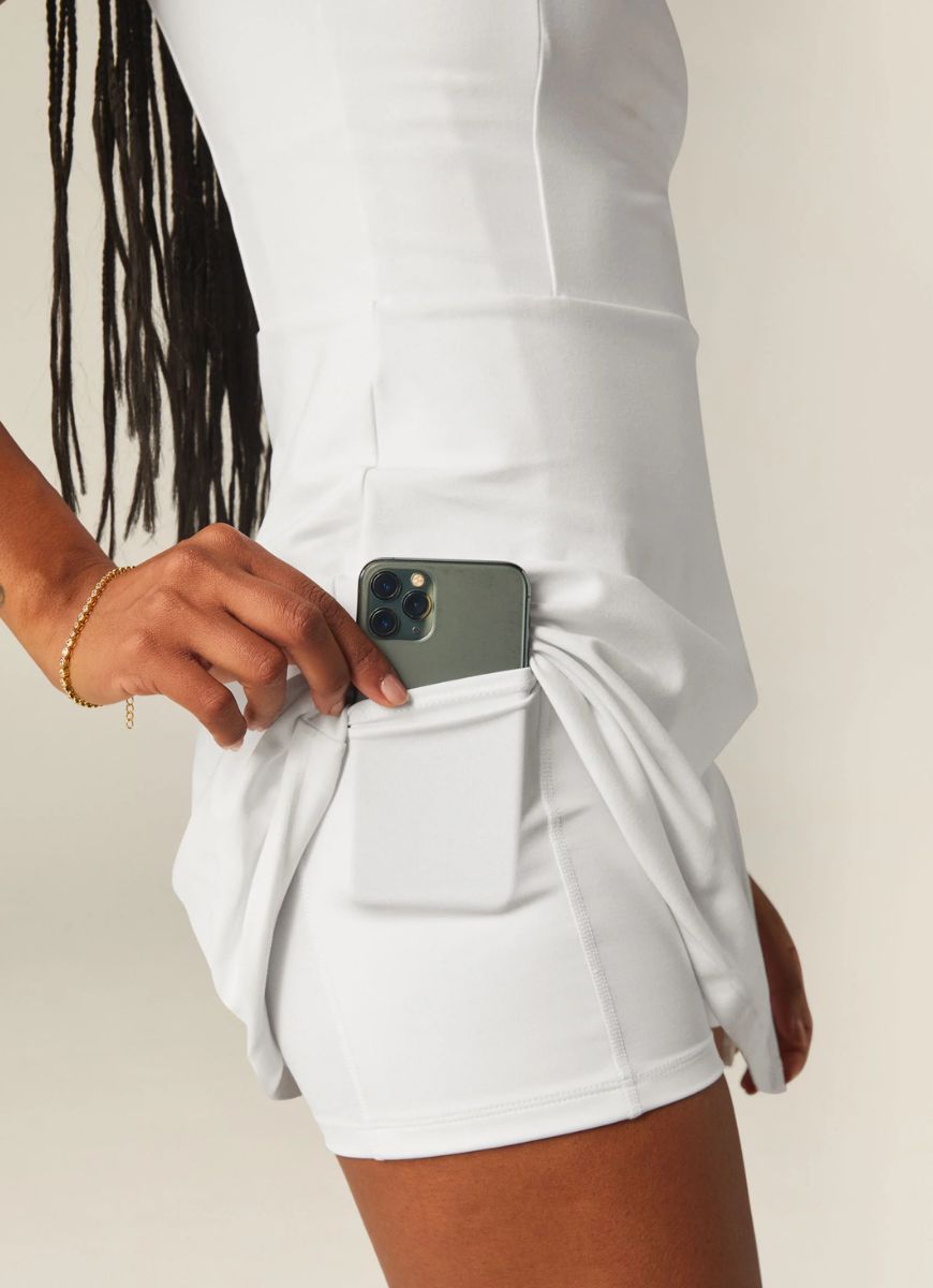 Beyond Yoga Spacedye Court Appeal Mini Tennis Dress in White Close Up Side Pocket View