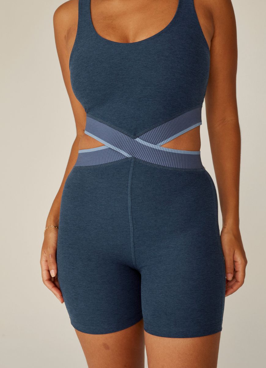 Beyond Yoga Spacedye In The Mix Biker Jumpsuit in Navy Close Up Front View