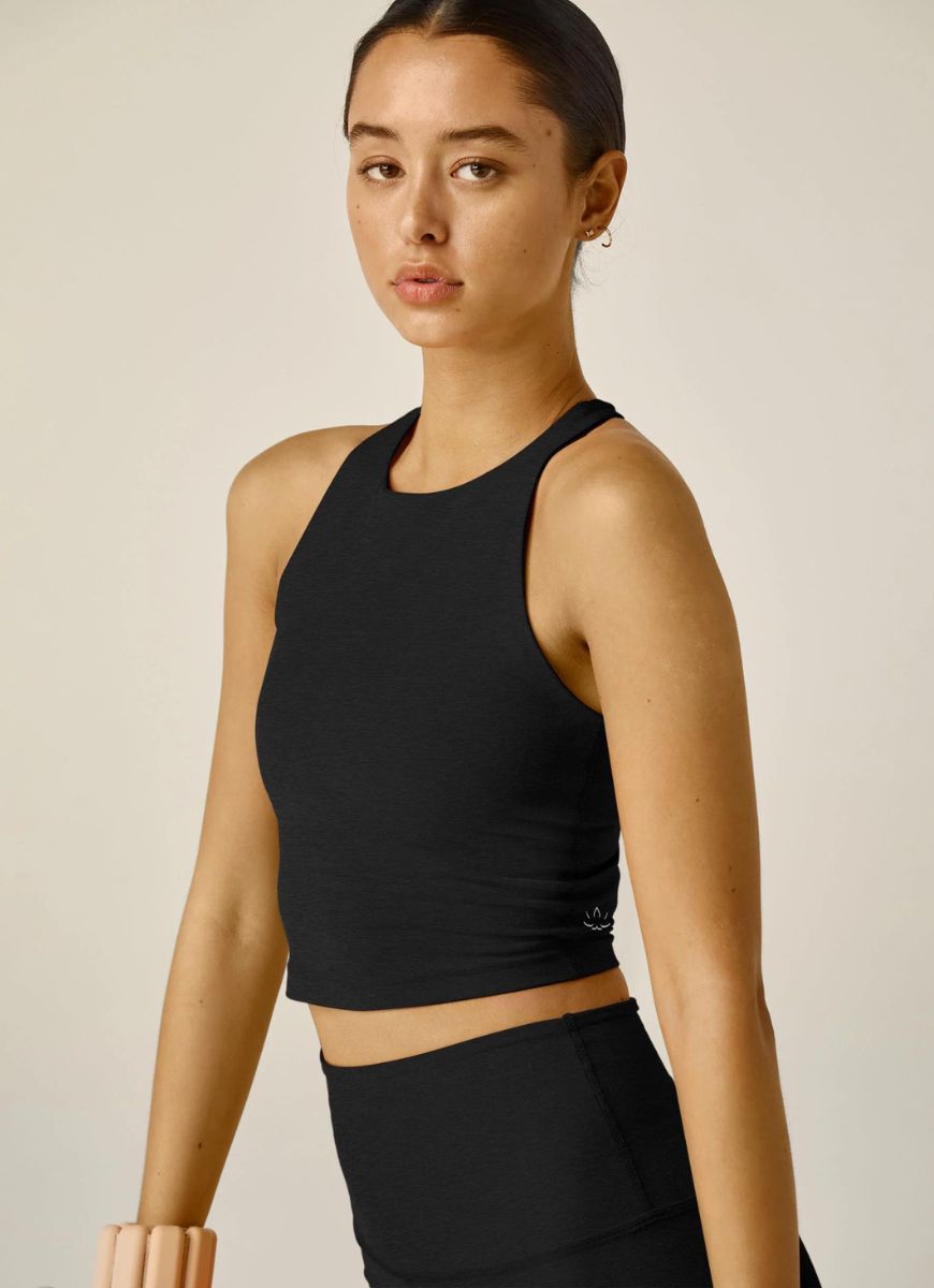 Beyond Yoga Spacedye Refocus Cropped Tank in Darkest Night Front View