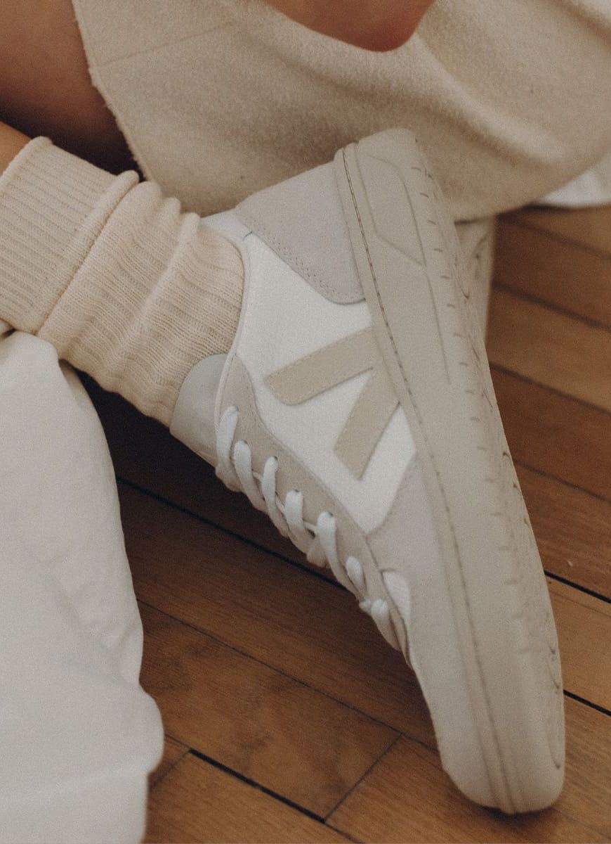 Veja Women's V-10 Sneaker in B-Mesh White/Natural Pierre Shown on Model