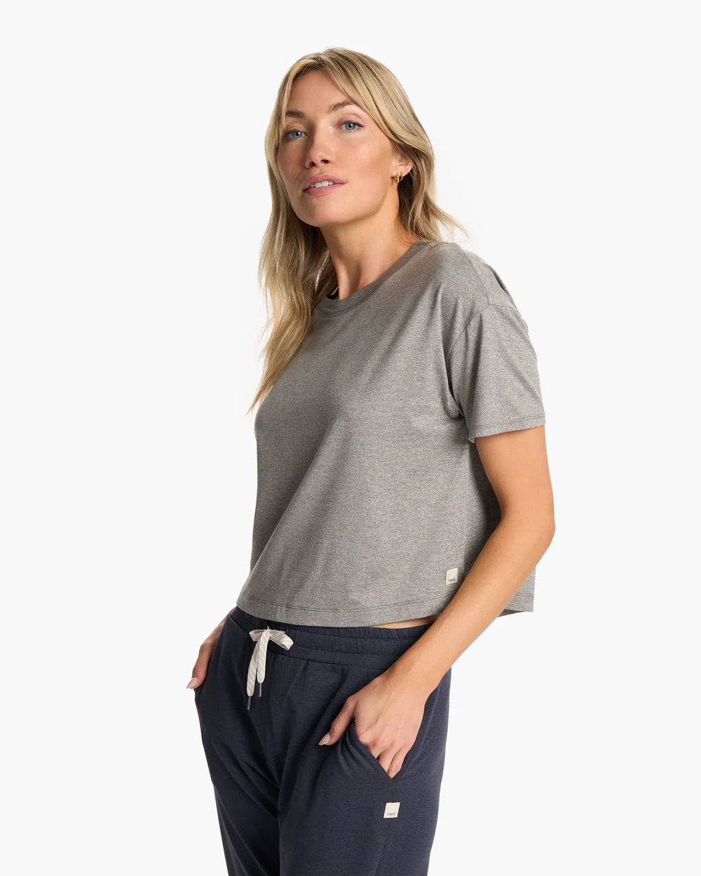 Vuori Women's Energy Tee in Heather Grey Side View