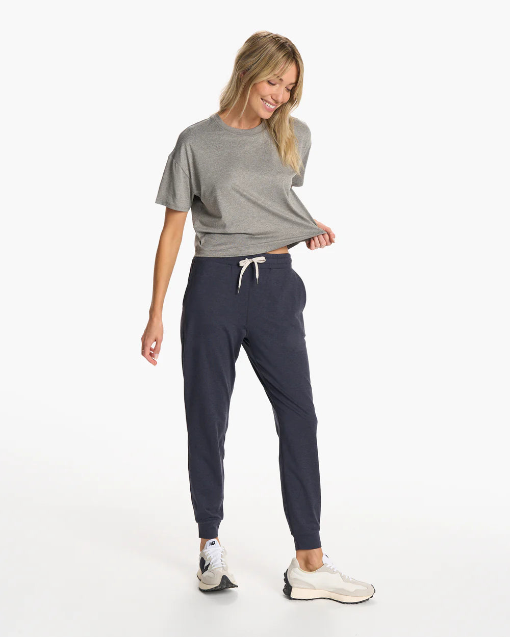 Vuori Women's Energy Tee in Heather Grey Full Length Front View With Model in a Pose