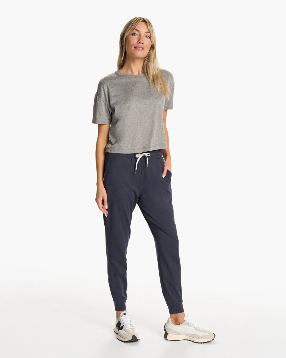 Vuori Women's Energy Tee in Heather Grey Full Length Front View
