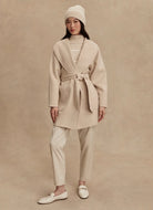 Varley Edgemere Wrap Jacket in Pumice Stone Front View With Jacket Wrapped and Closed