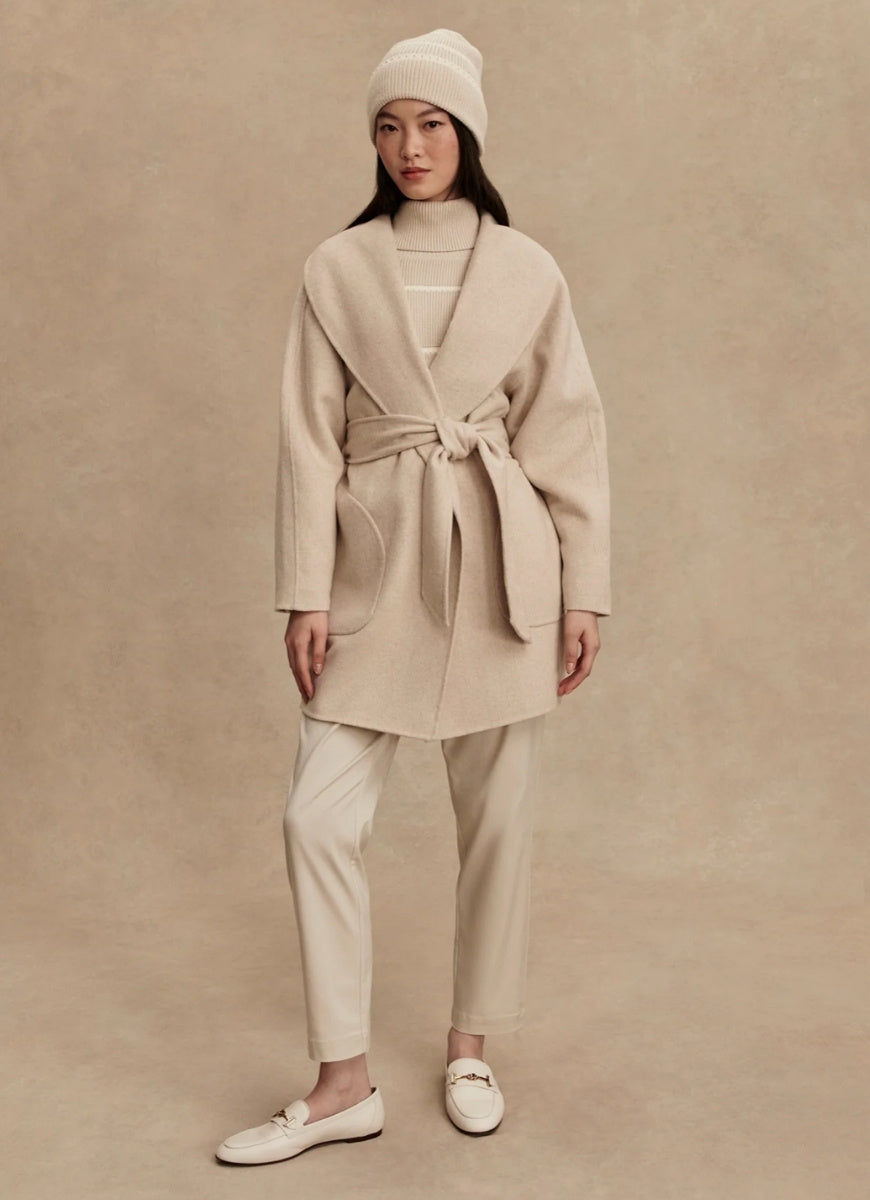 Varley Edgemere Wrap Jacket in Pumice Stone Front View With Jacket Wrapped and Closed