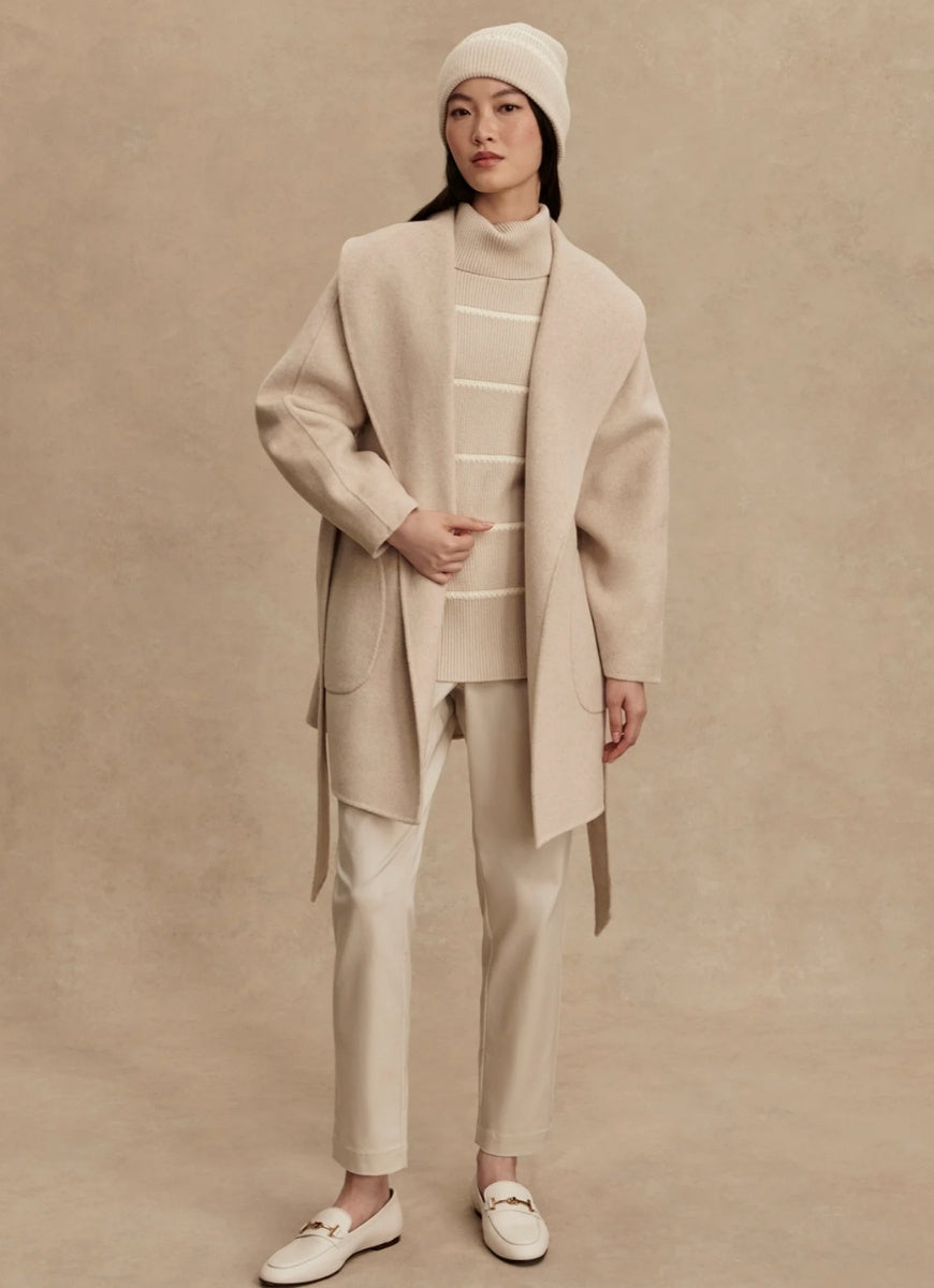 Varley Edgemere Wrap Jacket in Pumice Stone Front View With Jacket Open