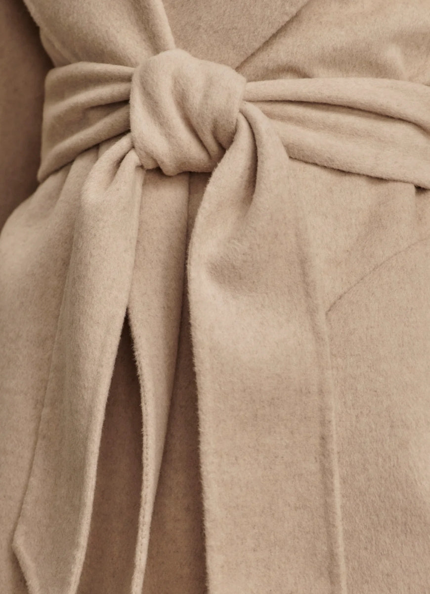 Varley Edgemere Wrap Jacket in Pumice Stone Close Up View of Waist Belt