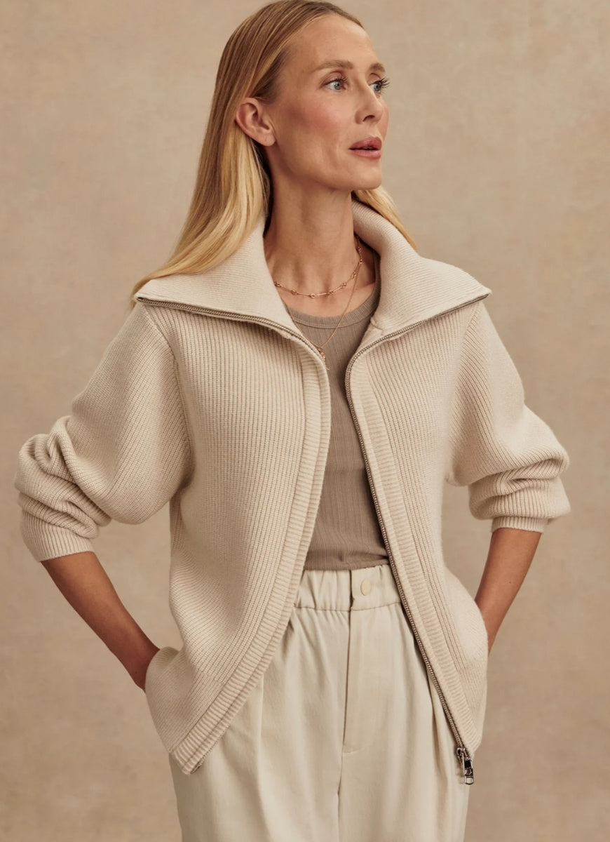 Varley Enrico Knit Jacket in Silver Birch Front View Unzipped