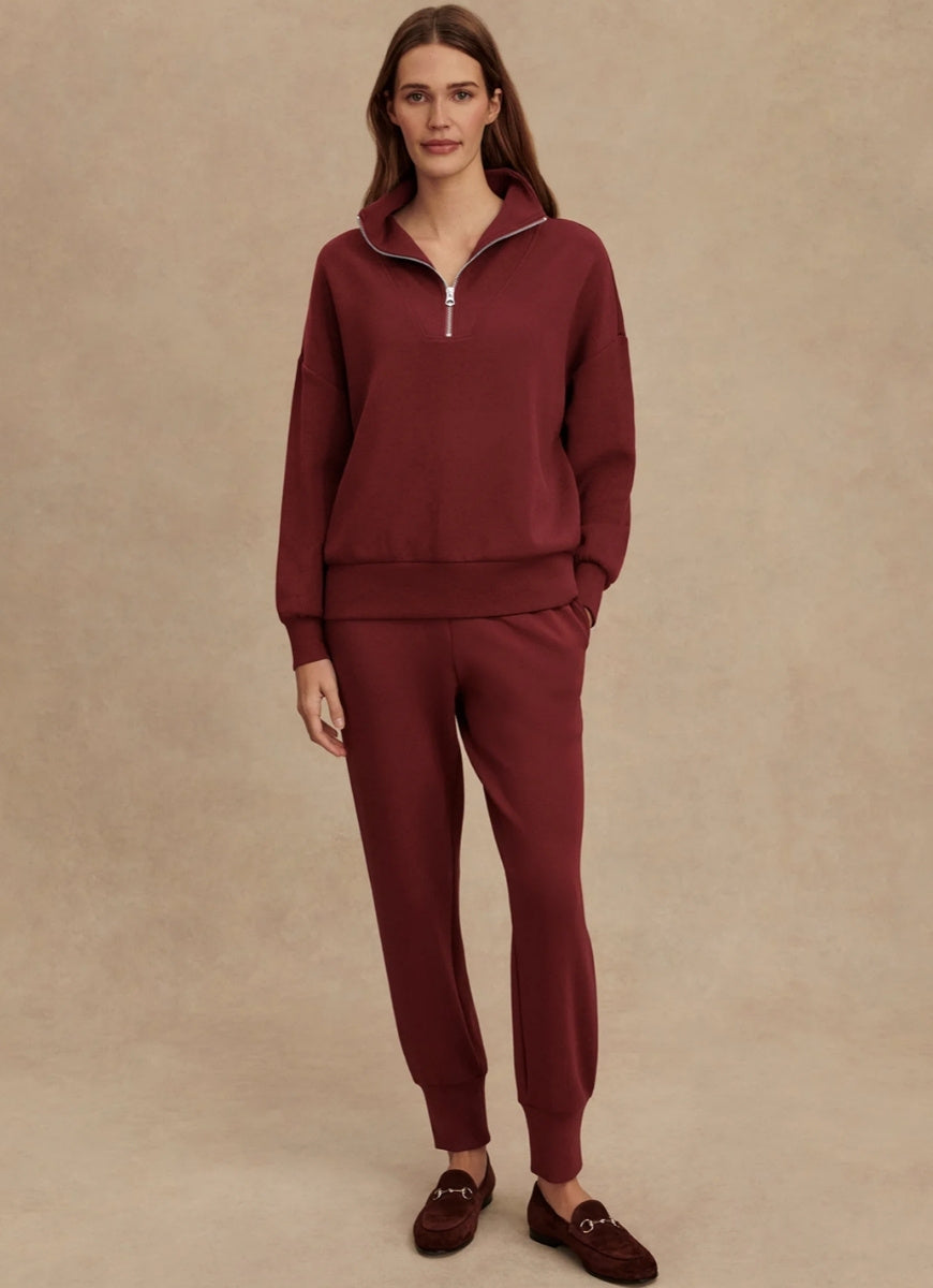 Varley Hawley Half Zip Sweatshirt in New Maroon Full Length Front View