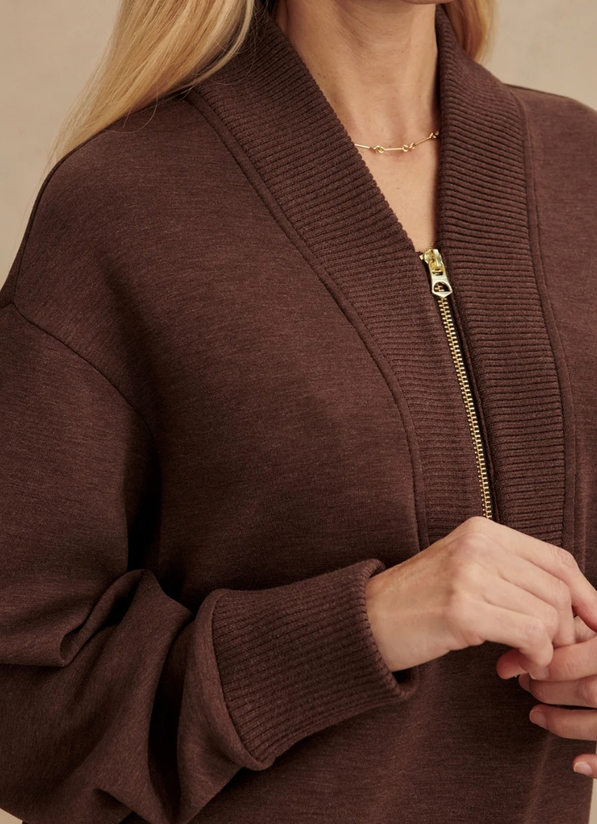 Varley Sally Half Zip Sweatshirt in Coffee Bean Marl Close Up Front View
