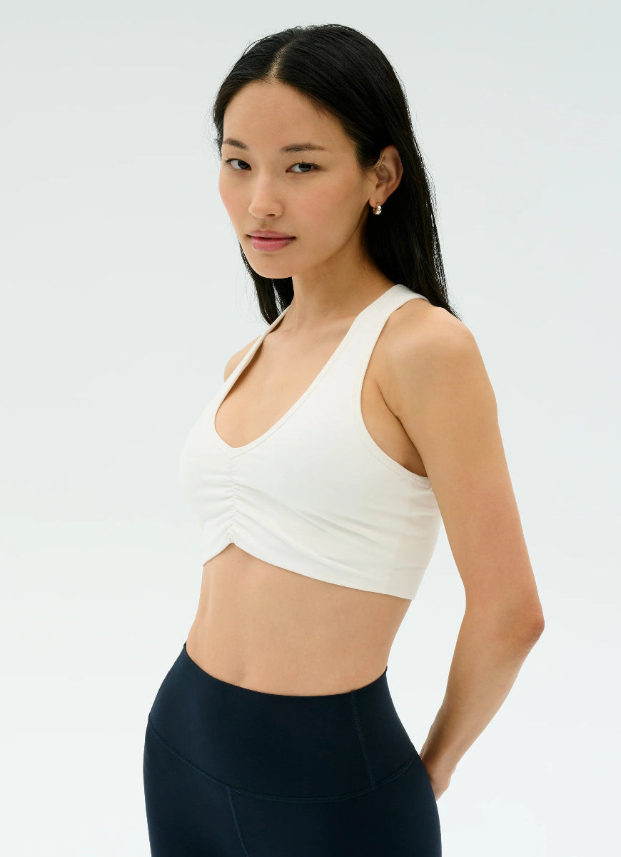 Splits59 Airweight Sports Bra With Ruching in White Angled Side and Front View