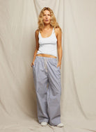 perfectwhitetee Andi Cotton Poplin Stripe Pant in Chambray Stripe Full Length Front View