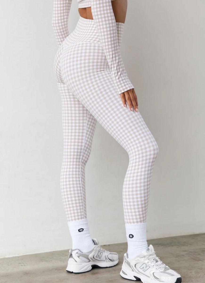Astoria Luxe Balance Full Length Legging in Beige Gingham Side View
