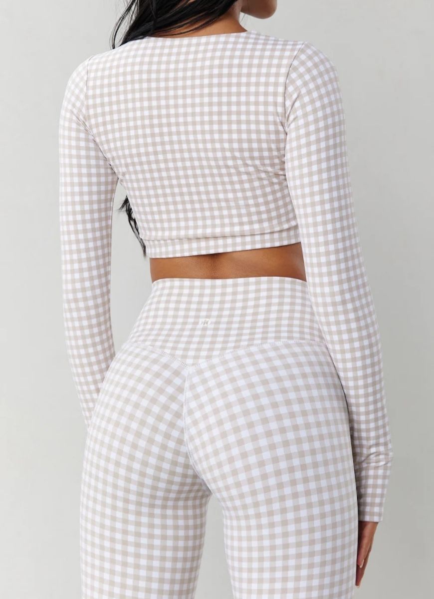 Astoria Luxe Balance Full Length Legging in Beige Gingham Back View