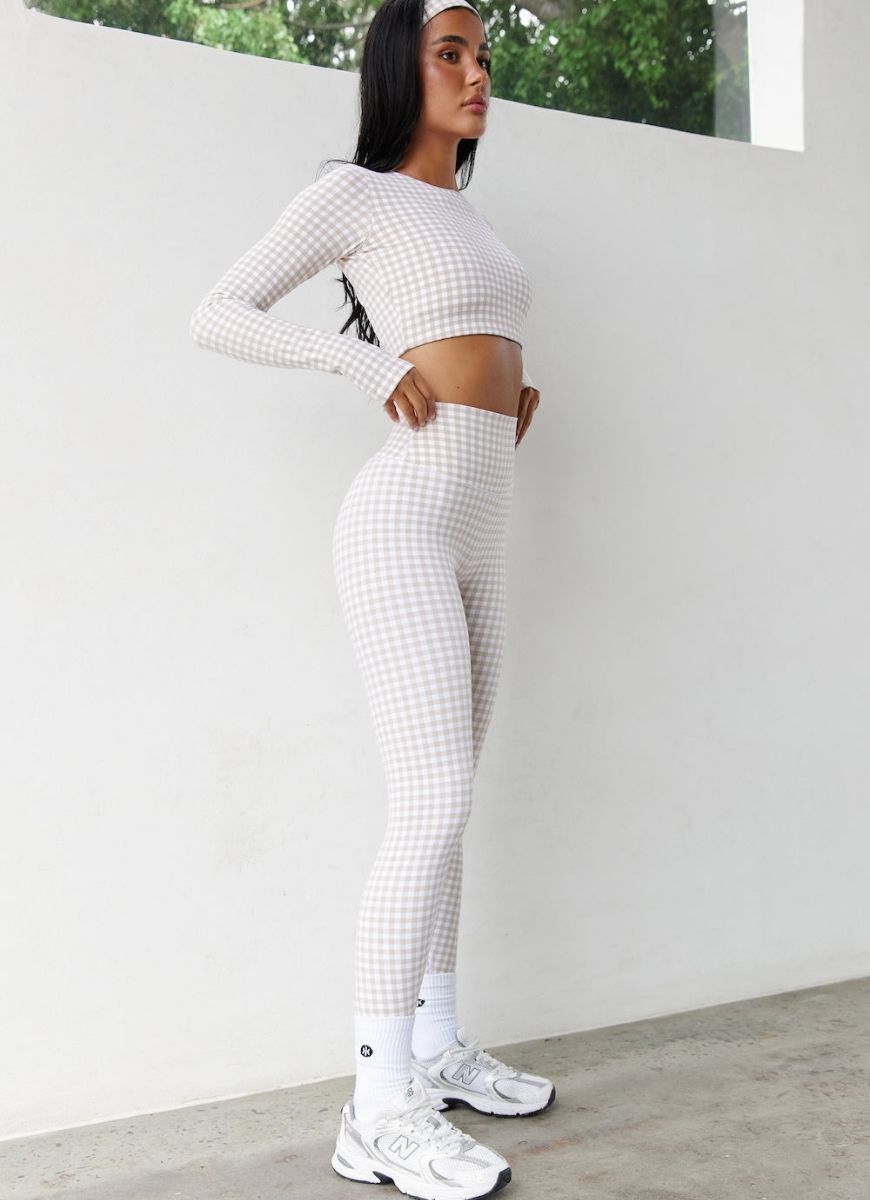 Astoria Luxe Balance Full Length Legging in Beige Gingham Full Length Side and Front View