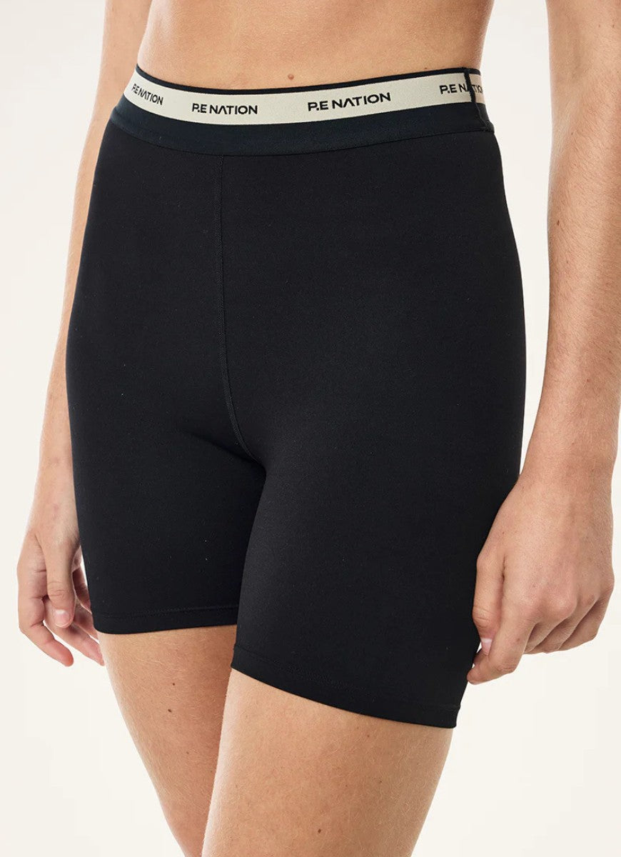 P.E Nation Avant 5” Bike Short in Black/Biscuit Close Up Front View