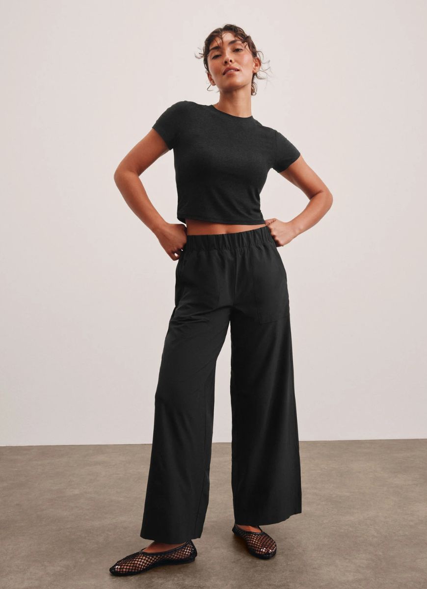 Beyond Yoga Easy Wide Leg Pant in True Black Full Length Front View