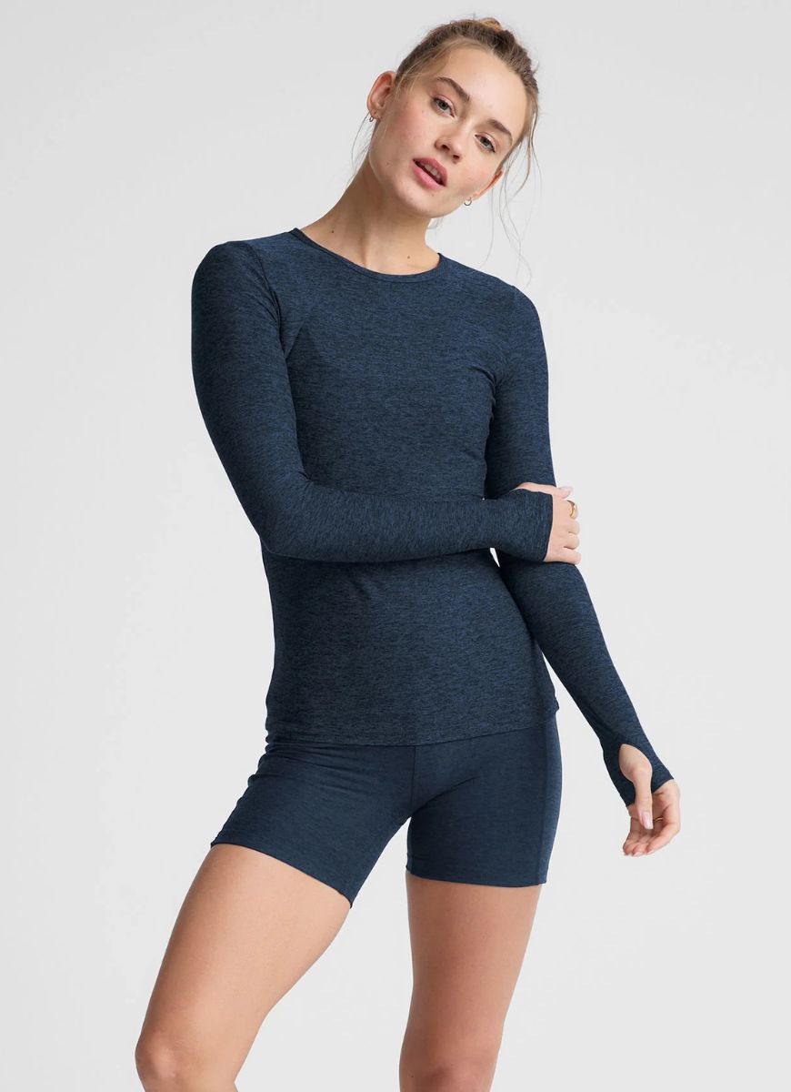 Beyond Yoga Featherweight Classic Crew Pullover in Navy Front View