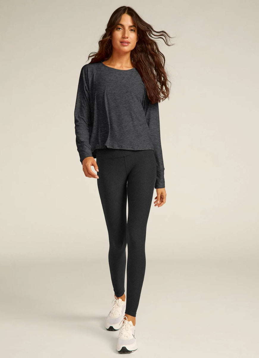 Beyond Yoga Featherweight Daydreamer Pullover in Black Charcoal Full Length Front View