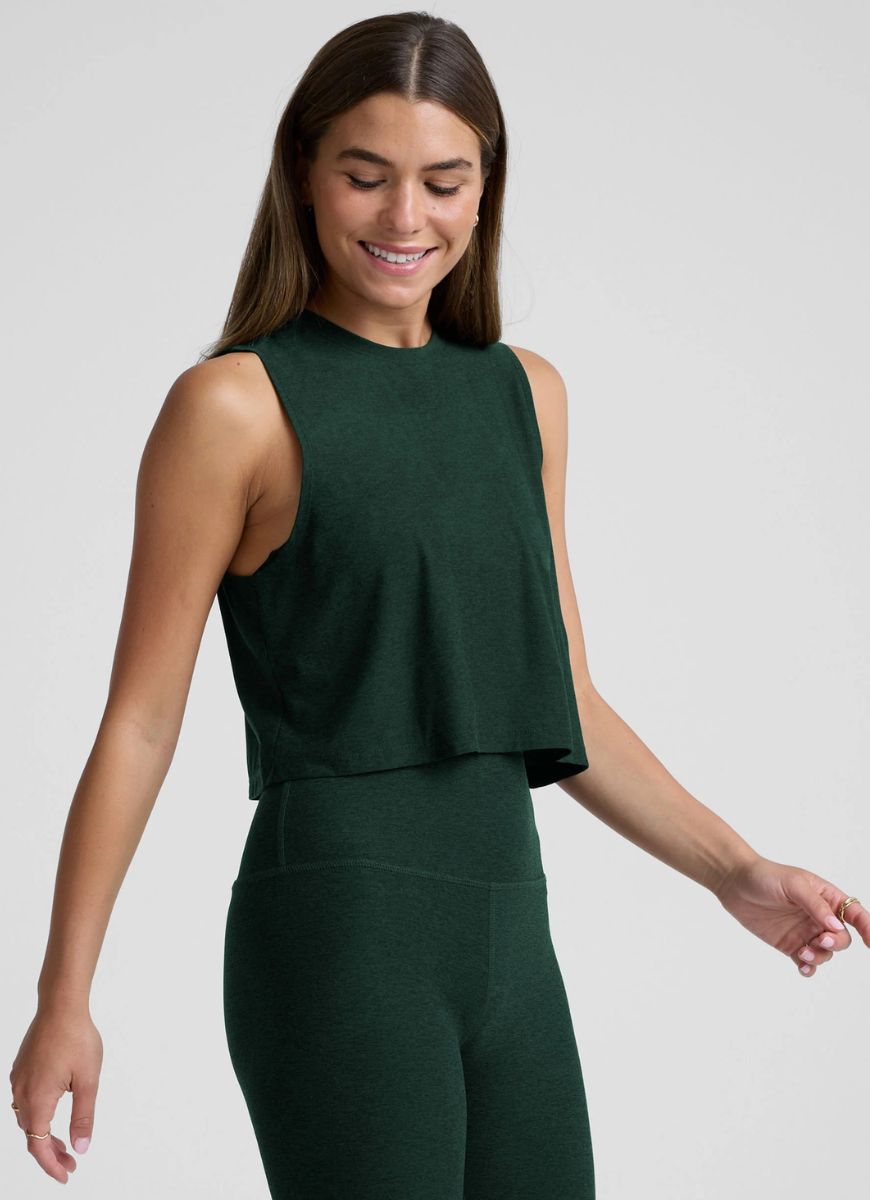 Beyond Yoga Featherweight Minimal Cropped Tank in Dark Green Angled Side View
