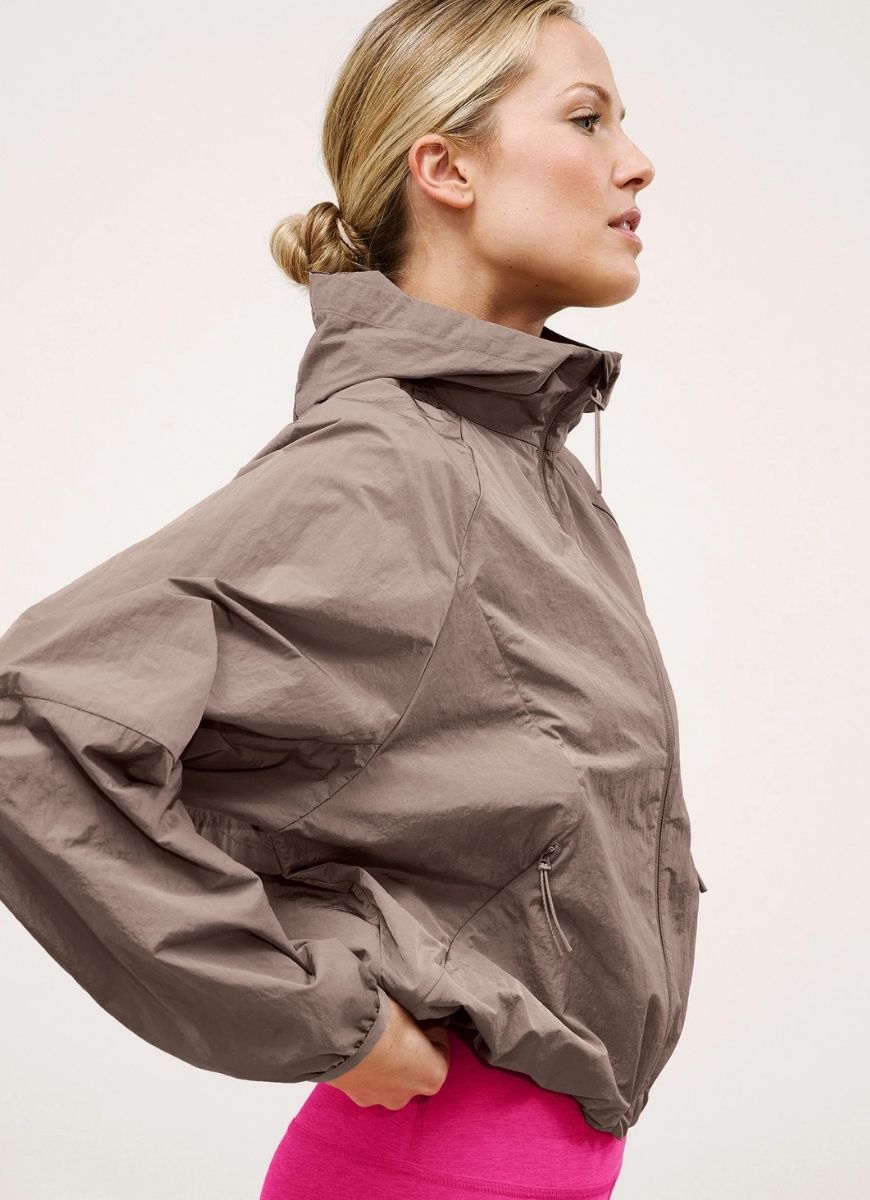 Beyond Yoga Limitless Hooded Jacket in Rosey Taupe Side View