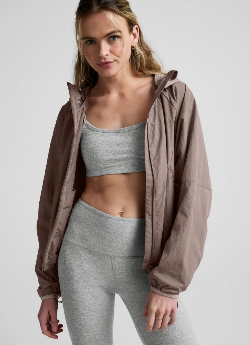 Beyond Yoga Limitless Hooded Jacket in Rosey Taupe Front View Unzipped