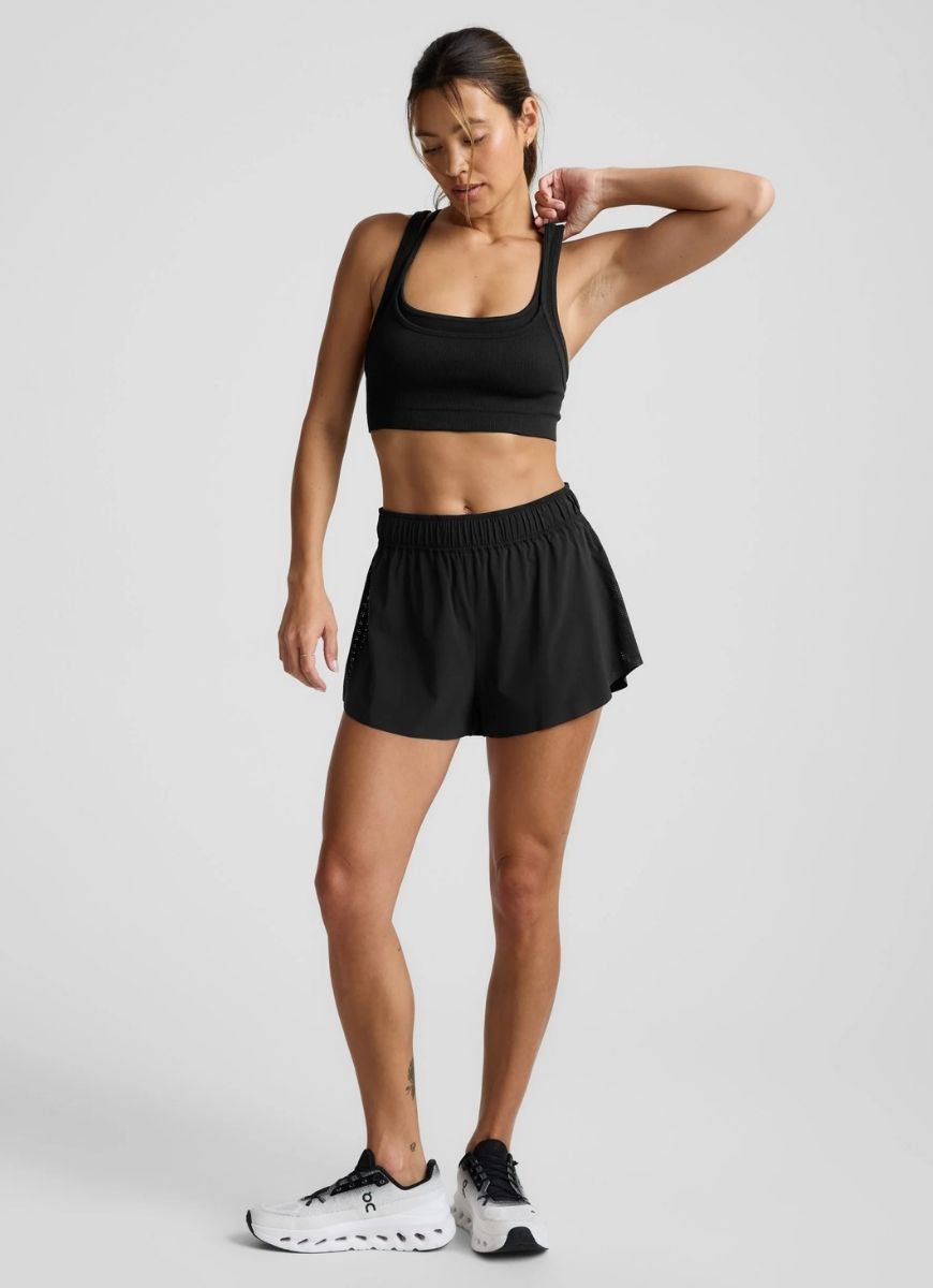 Beyond Yoga Seamless Moves Layered Sports Bra in Black Full Length Front View