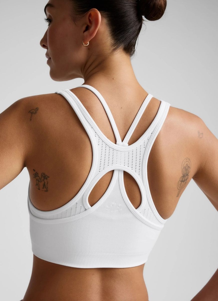 Beyond Yoga Seamless Moves Layered Sports Bra in White Back View