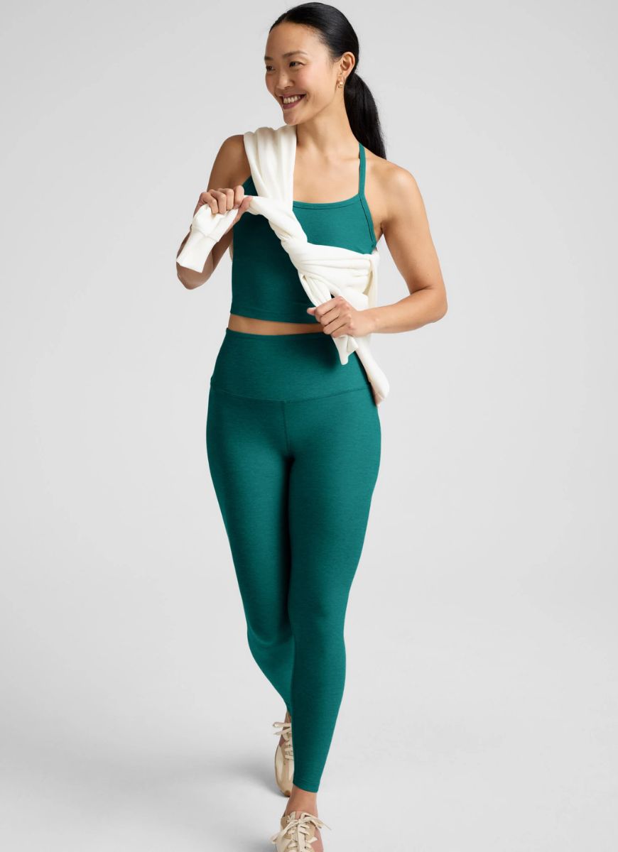 Beyond Yoga Spacedye Caught In The Midi High Waisted Legging in Teal Sea Heather Full Length Front View