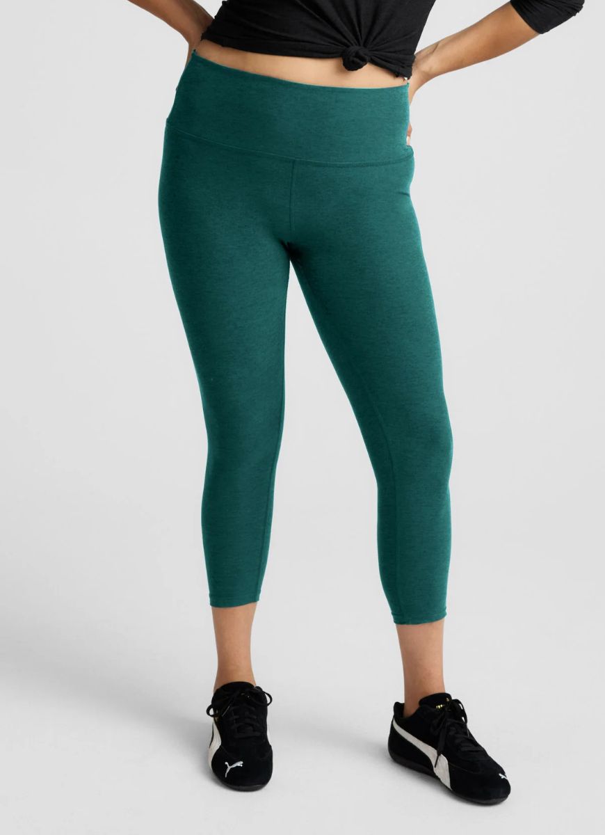 Beyond Yoga Spacedye Caught In The Midi High Waisted Legging in Teal Sea Heather Front View