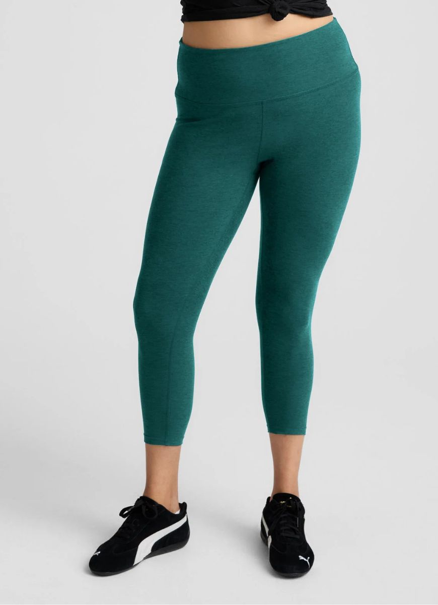 Beyond Yoga Spacedye Caught In The Midi High Waisted Legging in Teal Sea Heather Waist Down Front View