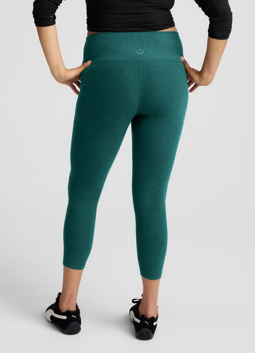 Beyond Yoga Spacedye Caught In The Midi High Waisted Legging in Teal Sea Heather Waist Down Back View