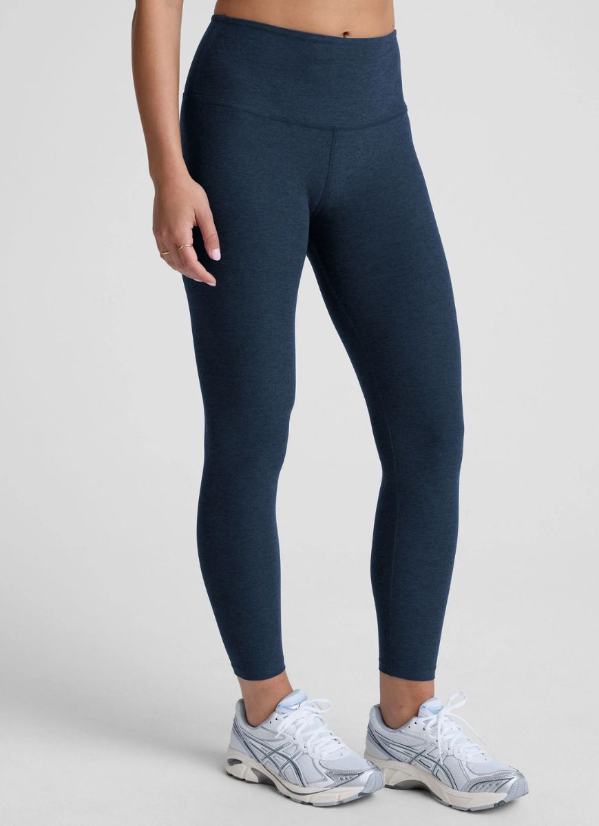 Beyond Yoga Spacedye Caught In The Midi High Waisted Legging in Navy Angled Front and Side View