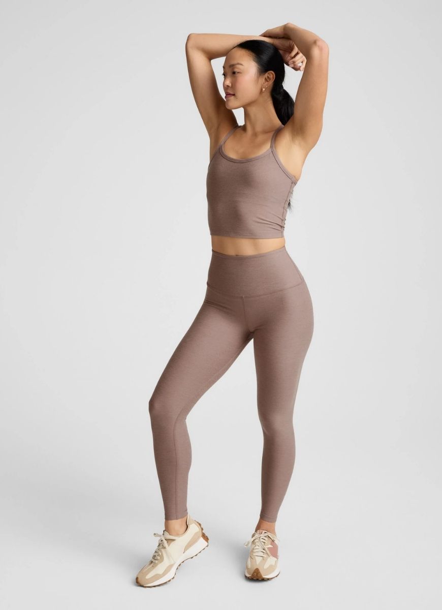 Beyond Yoga Spacedye Caught In The Midi High Waisted Legging in Rosey Taupe Front View With Model in a Pose