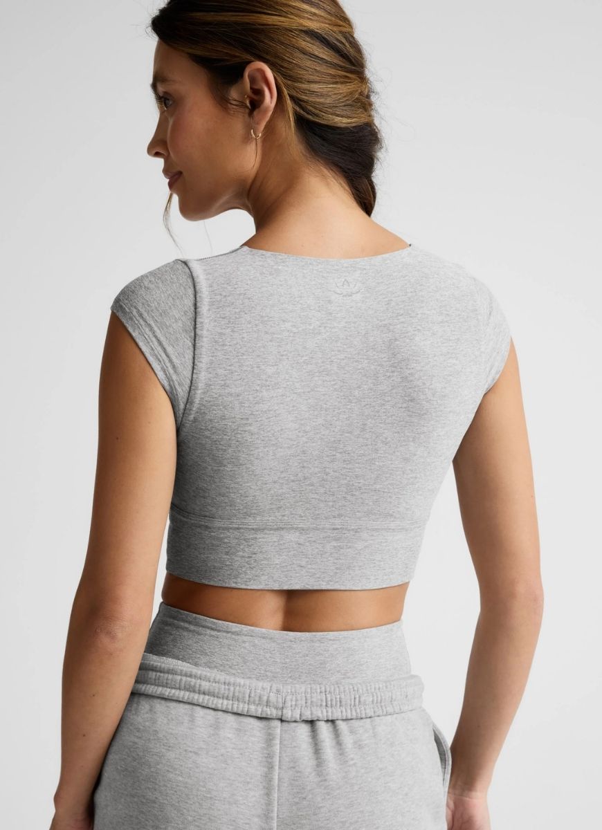 Beyond Yoga Spacedye Get It Twisted Cropped Tee in Silver Mist Back View