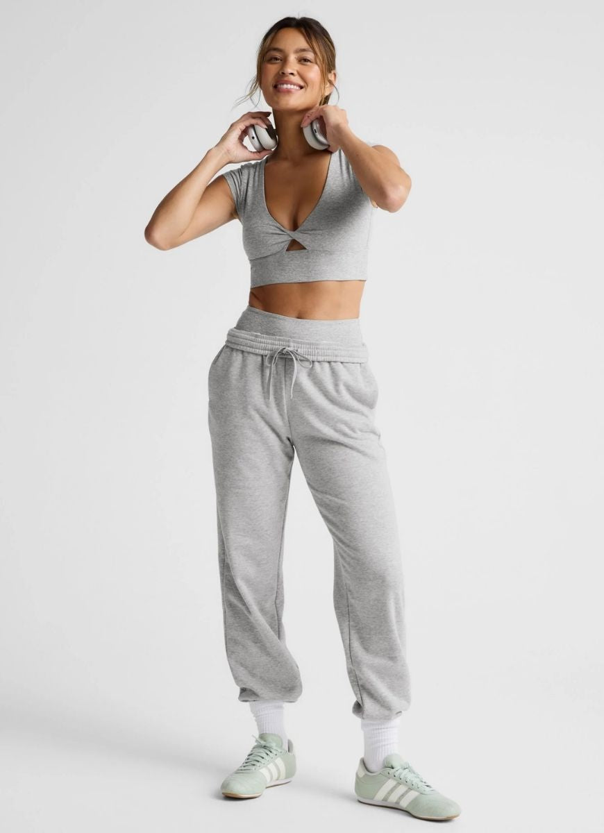 Beyond Yoga Spacedye Get It Twisted Cropped Tee in Silver Mist Full Length Front View