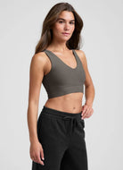Beyond Yoga Spacedye Good Day Longline Sports Bra in True Gray Heather Angled Side View