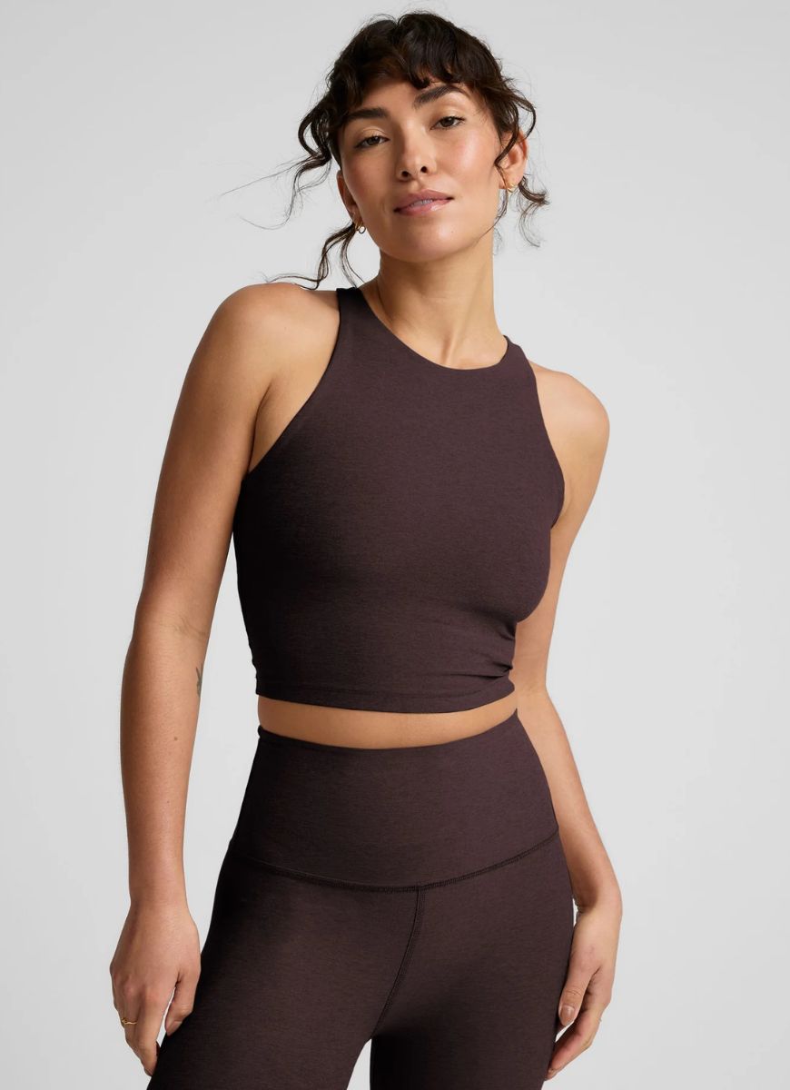 Beyond Yoga Spacedye Refocus Cropped Tank Top in Dark Chocolate Heather